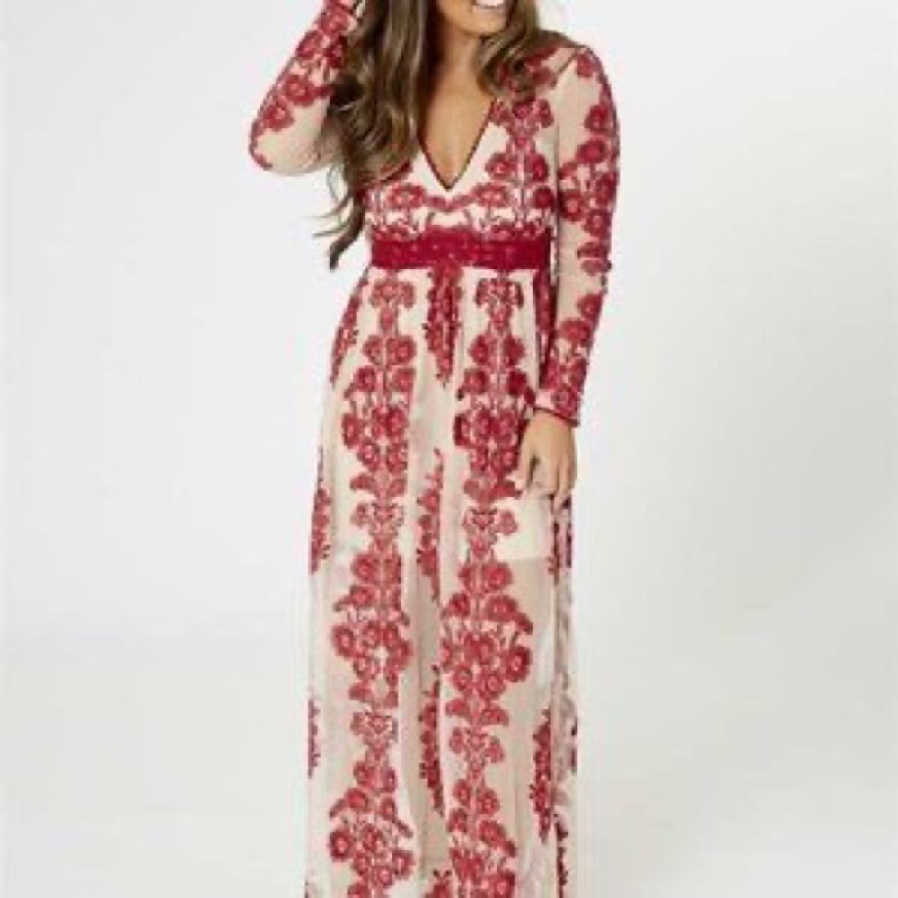 Altar'd State Red and Cream Embroidered Maxi Dress